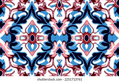 Patrón de tela sin soldadura de porcelana borrosa. Resumen de la línea gráfica tradicional de porcelana de ikat antiguo. Ilustración textil de vectores ornamentan elegante estilo retro vintage de lujo.