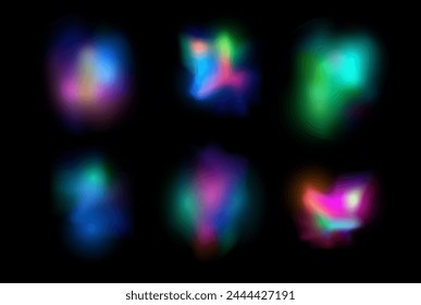 Blurred rainbow light flare vector set isolated on black. Crystal optical lights effect, flare prism reflection, shining iridescent glare. Lens colorful refraction, bright spectrum radiance