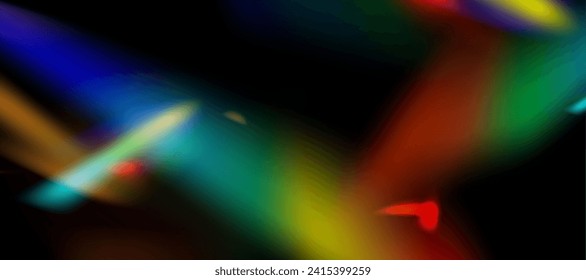 Blurred rainbow refraction overlay. Damaged photo film texture effect. Iridescent gradienton on black background. Vector abstract illustration.  
