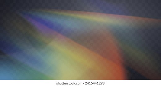 Blurred rainbow refraction overlay. Damaged photo film texture effect. Iridescent gradienton on black background. Vector abstract illustration.  