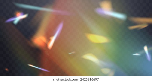 Blurred rainbow refraction overlay. Damaged photo film texture effect. Iridescent gradient on black background. Vector abstract illustration.  