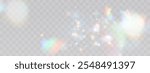 Blurred rainbow refraction overlay effect. Light lens prism effect on transparent background. Holographic reflection, crystal flare leak shadow overlay. Vector abstract illustration.  