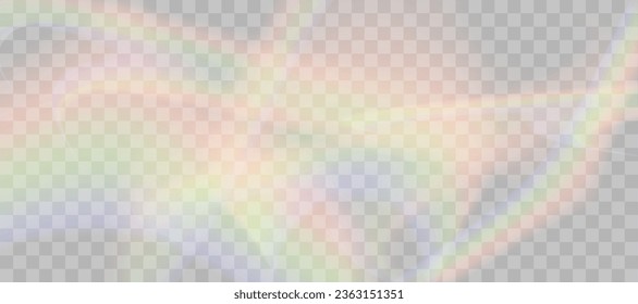 Efecto superpuesto de refracción borrosa del arcoiris. Efecto de prisma de lente luminoso sobre fondo transparente. Reflexión holográfica, superposición de la sombra de la llama de cristal. Ilustración abstracta vectorial.  