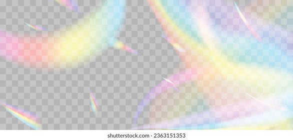 Efecto superpuesto de refracción borrosa del arcoiris. Efecto de prisma de lente luminoso sobre fondo transparente. Reflexión holográfica, superposición de la sombra de la llama de cristal. Ilustración abstracta vectorial.  