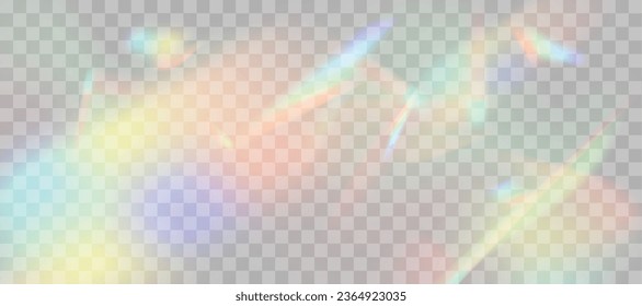 Efecto superpuesto de refracción borrosa del arcoiris. Efecto de prisma de lente luminoso sobre fondo transparente. Reflexión holográfica, superposición de la sombra de la llama de cristal. Ilustración abstracta vectorial.  
