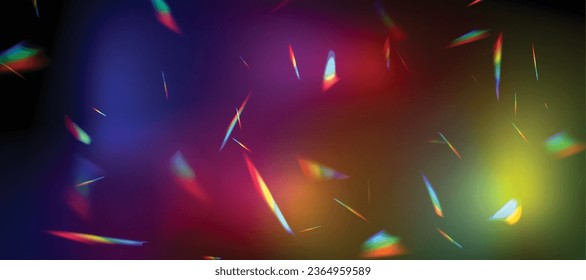 unscharfer Regenbogenrefraktionsüberlagseffekt. Prismeneffekt der hellen Linse auf schwarzem Hintergrund. Holografische Reflexion, Kristallfackel Leck Schattenüberlagerung. Abstrakte Vektorgrafik.  