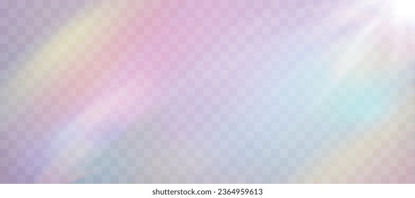 unscharfer Regenbogenrefraktionsüberlagseffekt. Prismeneffekt der hellen Linse auf transparentem Hintergrund. Holografische Reflexion, Kristallfackel Leck Schattenüberlagerung. Abstrakte Vektorgrafik.  