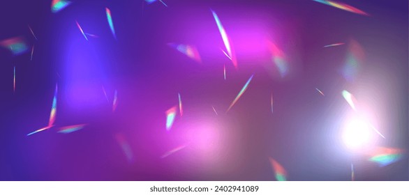 Blurred rainbow refraction overlay effect. Light lens prism effect on black background. Holographic reflection, crystal flare leak shadow overlay. Vector abstract illustration.  