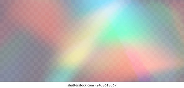 Blurred rainbow refraction overlay effect. Light lens prism effect on transparent background. Holographic reflection, crystal flare leak shadow overlay. Vector abstract illustration.  