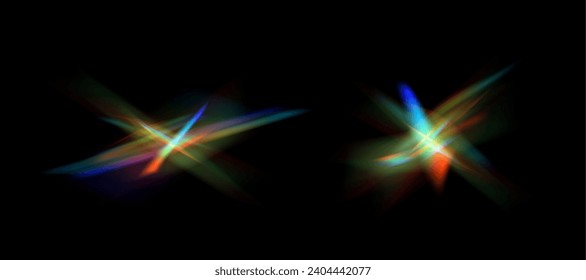Blurred rainbow refraction overlay effect set. Light lens prism effect on black background. Holographic reflection, crystal flare leak shadow overlay. Vector abstract illustration.  