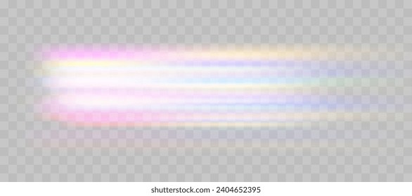 Efecto superpuesto de refracción borrosa del arcoiris. Efecto de prisma de lente luminoso sobre fondo transparente. Reflexión holográfica, superposición de la sombra de la llama de cristal. Ilustración abstracta vectorial.  