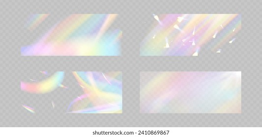 Efecto superpuesto de refracción de arcoiris borrosa. Efecto de prisma de lente luminoso sobre fondo transparente. Reflexión holográfica, superposición de la sombra de la llama de cristal. Ilustración abstracta vectorial.  