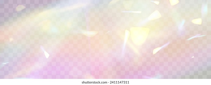 Efecto superpuesto de refracción borrosa del arcoiris. Efecto de prisma de lente luminoso sobre fondo transparente. Reflexión holográfica, superposición de la sombra de la llama de cristal. Ilustración abstracta vectorial.  
