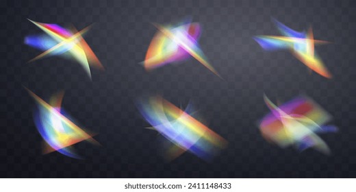 Blurred rainbow refraction overlay effect set. Light lens prism effect on  transparent background. Holographic reflection, crystal flare leak shadow overlay. Vector abstract illustration.  