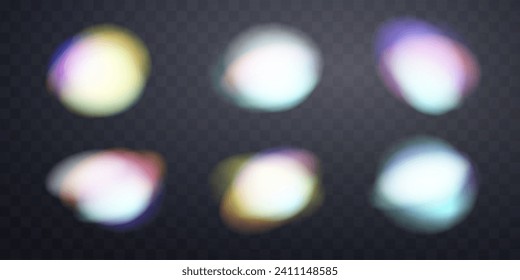 Efecto superpuesto de refracción de arcoiris borrosa. Efecto de prisma de lente luminoso sobre fondo transparente. Reflexión holográfica, superposición de la sombra de la llama de cristal. Ilustración abstracta vectorial.  