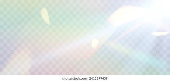 Efecto superpuesto de refracción borrosa del arcoiris. Efecto de prisma de lente luminoso sobre fondo transparente. Reflexión holográfica, superposición de la sombra de la llama de cristal. Ilustración abstracta vectorial.  