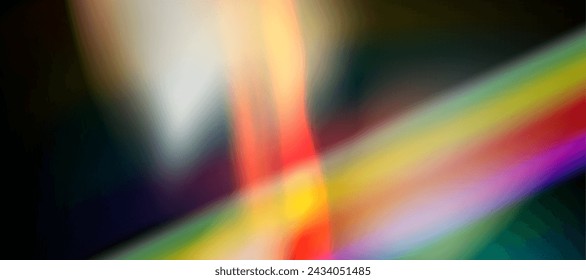 Blurred rainbow refraction overlay effect. Light lens prism effect on black background. Holographic reflection, crystal flare leak shadow overlay. Vector abstract illustration.  