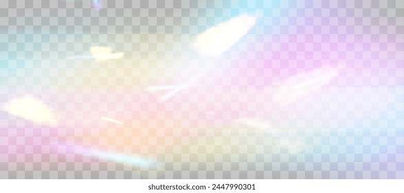 Blurred rainbow refraction overlay effect. Light lens prism effect on transparent background. Holographic reflection, crystal flare leak shadow overlay. Vector abstract illustration.  