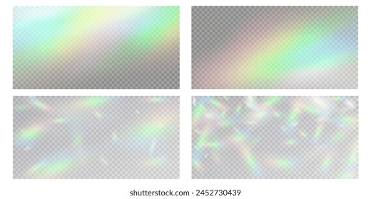 Efecto de superposición de refracción de arcoiris borrosa. Efecto de prisma de lente de luz sobre fondo transparente. Reflejo holográfico, superposición de sombras de fugas de destellos de cristal. Ilustración abstracta del Vector.