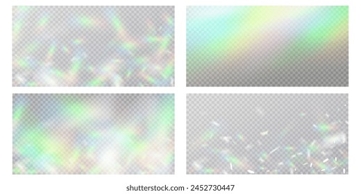 Efecto de superposición de refracción de arcoiris borrosa. Efecto de prisma de lente de luz sobre fondo transparente. Reflejo holográfico, superposición de sombras de fugas de destellos de cristal. Ilustración abstracta del Vector.