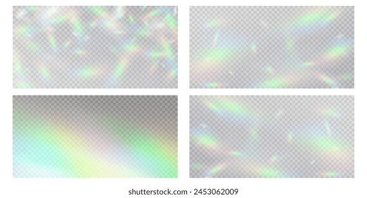 Blurred rainbow refraction overlay effect. Light lens prism effect on transparent background. Holographic reflection, crystal flare leak shadow overlay. Vector abstract illustration.