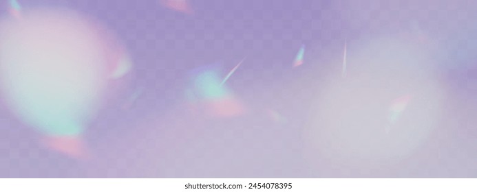 Efecto de superposición de refracción de arcoiris borrosa. Efecto de prisma de lente de luz sobre fondo transparente. Reflejo holográfico, superposición de sombras de fugas de destellos de cristal. Ilustración abstracta del Vector.  