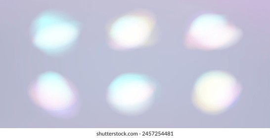 Blurred rainbow refraction overlay effect set. Light lens prism effect on  background. Holographic reflection, crystal flare leak shadow overlay. Vector abstract illustration.  