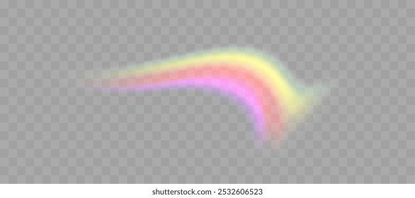 Efecto de superposición de refracción del arco iris borroso. Efecto de prisma de lente ligera sobre fondo transparente. Reflejo holográfico, superposición de sombra de fugas de bengala de cristal. Vector ilustración abstracta.  