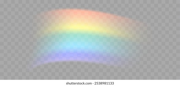Blurred rainbow refraction overlay effect. Light lens prism effect on transparent background. Holographic reflection, crystal flare leak shadow overlay. Vector abstract illustration.  