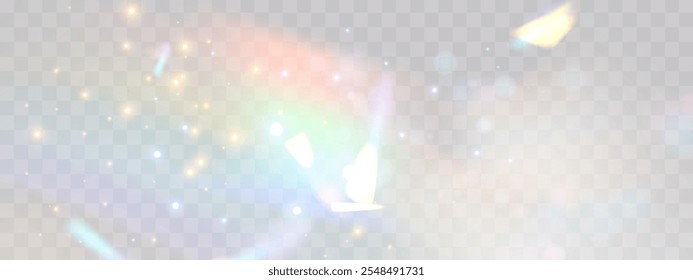 Efeito de sobreposição de refração do arco-íris borrado. Efeito de prisma de lente de luz sobre fundo transparente. Reflexão holográfica, cobertura de sombra de vazamento de clarão de cristal. Ilustração abstrata de vetor.  