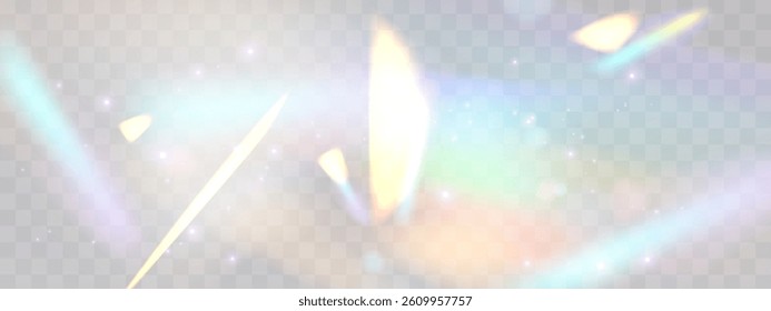 Blurred rainbow refraction overlay effect. Light lens prism effect on transparent background. Holographic reflection, crystal flare leak shadow overlay. Vector abstract illustration.  