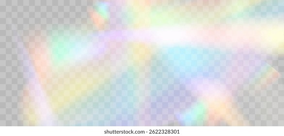Efecto de superposición de refracción del arco iris borroso. Efecto de prisma de lente ligera sobre fondo transparente. Reflejo holográfico, superposición de sombra de fugas de bengala de cristal. Vector ilustración abstracta.  