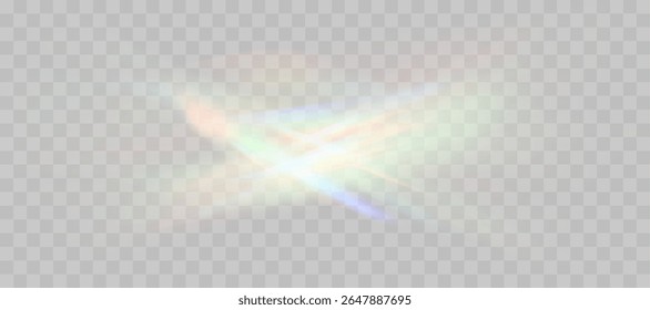 Überlagerungseffekt der unscharfen Regenbogenbrechung. Effekt des Lichtlinsenprismas auf transparentem Hintergrund. Holografische Reflexion, Schattenüberlagerung mit Kristallfackel. Abstrakte Vektorgrafik  