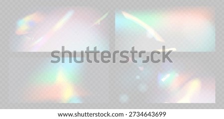 Blurred rainbow refraction overlay effect set. Light lens prism effect on transparent background. Holographic reflection, crystal flare leak shadow overlay. Vector abstract illustration.  