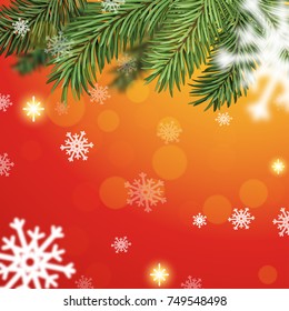 Blurred red background with fir-tree branches and snowflakes