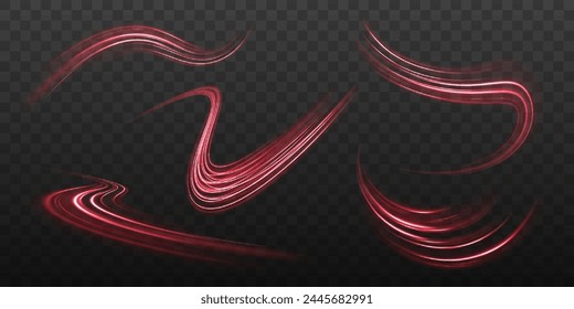 Diseño de línea de luz de neón roja borrosa Ilustración vectorial abstracta moderna. La luz del coche sigue sobre fondo negro. Tecnología de movimiento dinámico futurista.	
