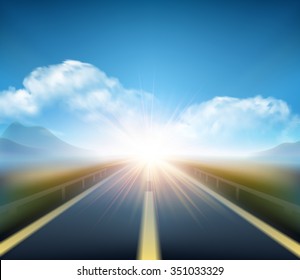 Blurred  road and blue motion blurred sky with clouds. Vector illustration EPS10