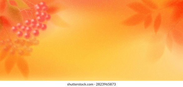 Blurred rowan berry clusters with red berries and autumn leaves on an abstract background with an orange-yellow gradient. Blurred effect with an autumn theme. Vector illustration