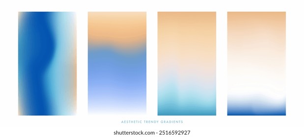 Fondo de gradiente de mar borroso. Conjunto de historias Abstractas. Vista superior del paisaje del océano. Ola de mar. Duna de arena. Junto al mar. Anuncio de Vector de Vertical de color pastel. Simple suave telón de fondo de luz para ig, post social, bg