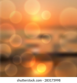 Blurred sea sunset background with light on lens. EPS10 vector.