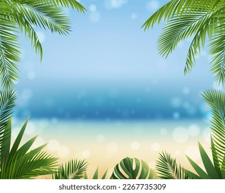 Blurred Sea Water With Bokeh And Palm Leaves With Gradient Mesh, Vector Illustration