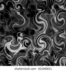 Blurred seamless pattern with grunge swirled smoky white stripes on black background