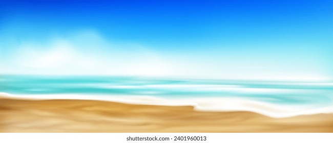 Blurred seashore with foamy waves washing coastline. Vector realistic illustration of beach background, sandy island with sparkling particles, blue sea or ocean water, sunny sky with clouds on horizon