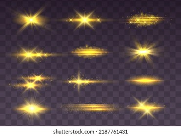 Blurred sequins set. Lens glints or camera flash. Effect glare, yellow explosion. Golden bokeh lights glitter. Blur sun flash with rays spotlight. Glowing line, sunrise, shining gold stars. Vector