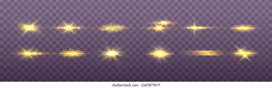Blurred sequins set. Lens glints or camera flash. Effect glare, yellow explosion. Golden bokeh lights glitter. Blur sun flash with rays spotlight. Glowing line, sunrise, shining gold stars. Vector