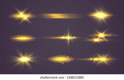 Blurred sequins set. Lens glints or camera flash. Effect glare, yellow explosion. Golden bokeh lights glitter. Blur sun flash with rays spotlight. Glowing line, sunrise, shining gold stars. Vector