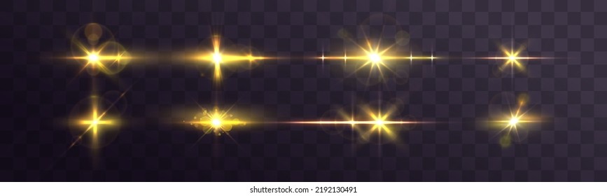 Blurred sequins set. Lens glints or camera flash. Effect glare, yellow explosion. Golden bokeh lights glitter. Blur sun flash with rays spotlight. Glowing line, sunrise, shining gold stars. Vector