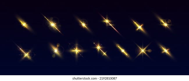 Blurred sequins set. Lens glints or camera flash. Effect glare, yellow explosion. Golden bokeh lights glitter. Blur sun flash with rays spotlight. Glowing line, sunrise, shining gold stars. Vector