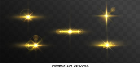 Blurred sequins set. Lens glints or camera flash. Effect glare, yellow explosion. Golden bokeh lights glitter. Blur sun flash with rays spotlight. Glowing line, sunrise, shining gold stars. Vector