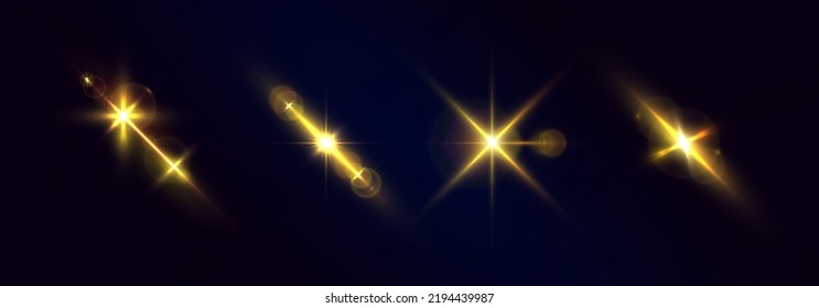 Blurred sequins set. Lens glints or camera flash. Effect glare, yellow explosion. Golden bokeh lights glitter. Blur sun flash with rays spotlight. Glowing line, sunrise, shining gold stars. Vector